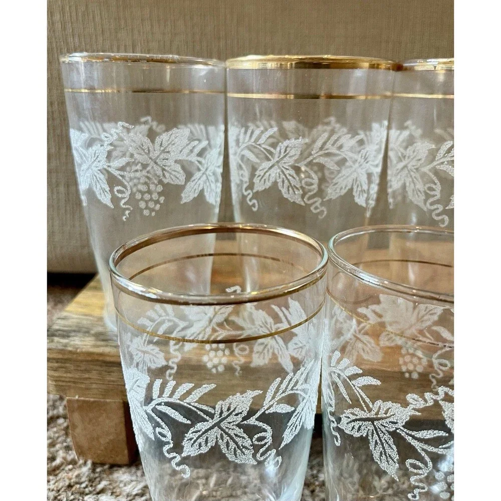 Vintage Bartlett Collins 806 Grapevine Frosted Tumblers Gold Rim Set of 7